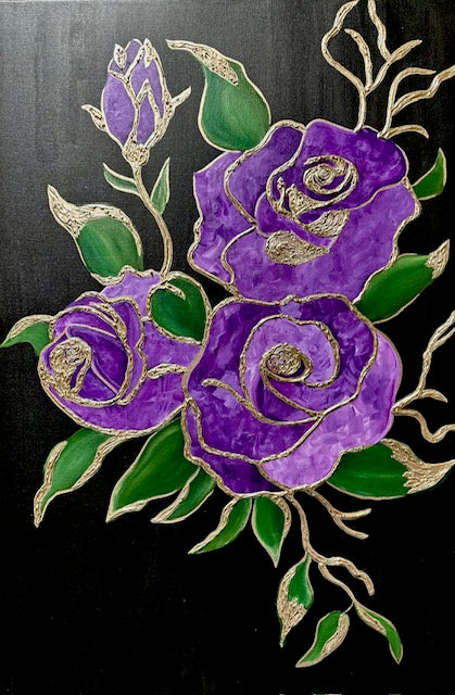 Rosemary- Gorgeous Purple Roses Outlined with Liquid Gold Painting on Black Canvas